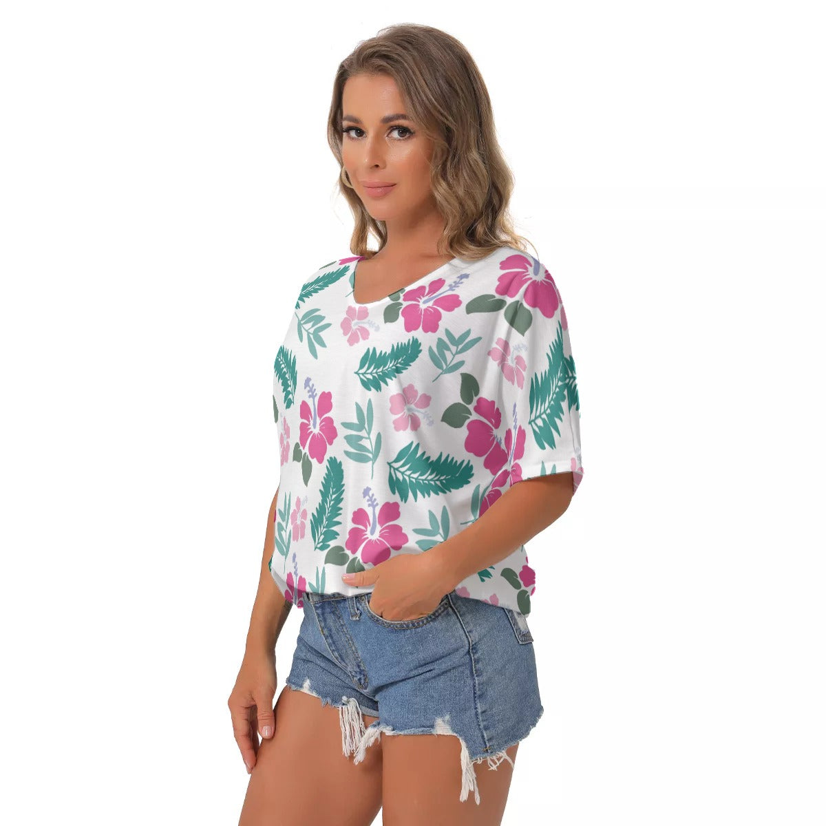 All-Over Print Women's Bat Sleeves V-Neck Blouse