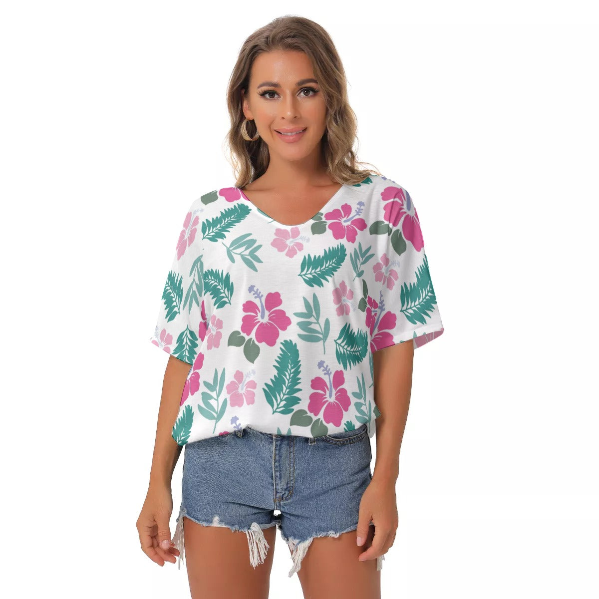 All-Over Print Women's Bat Sleeves V-Neck Blouse